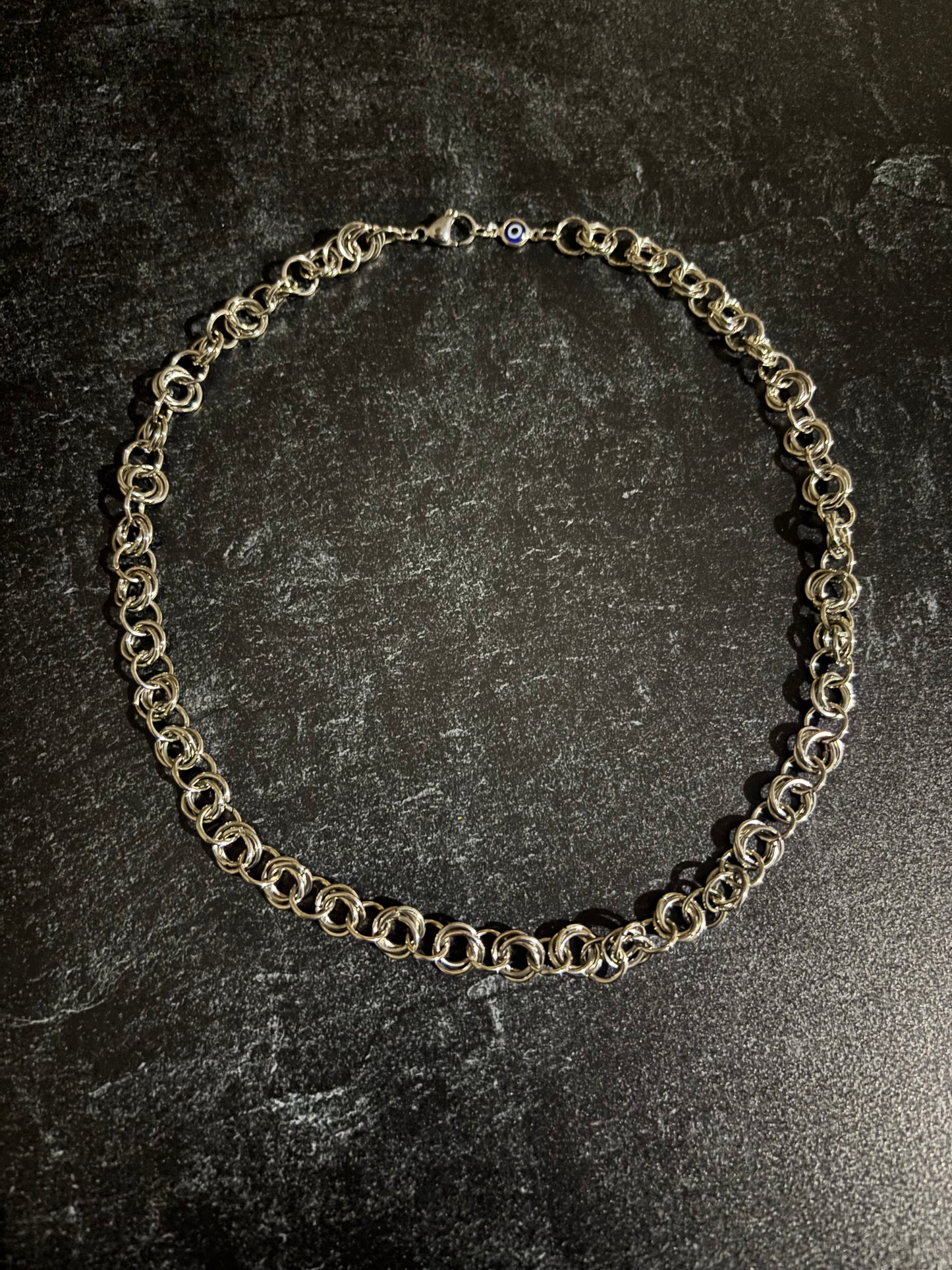 20 Inch Chainmaille Necklace with Blue Evil Eye Charm