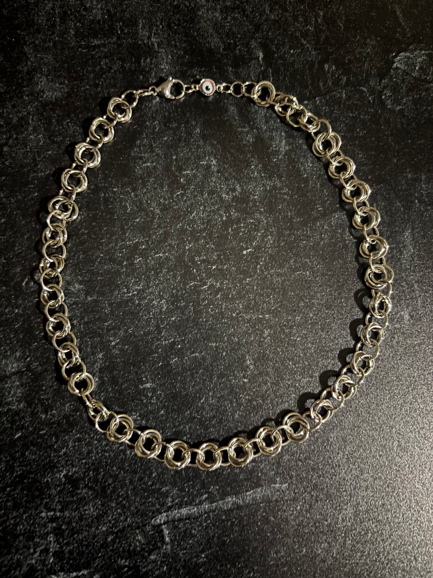 18 Inch Chainmaille Necklace with Pink Evil Eye Charm