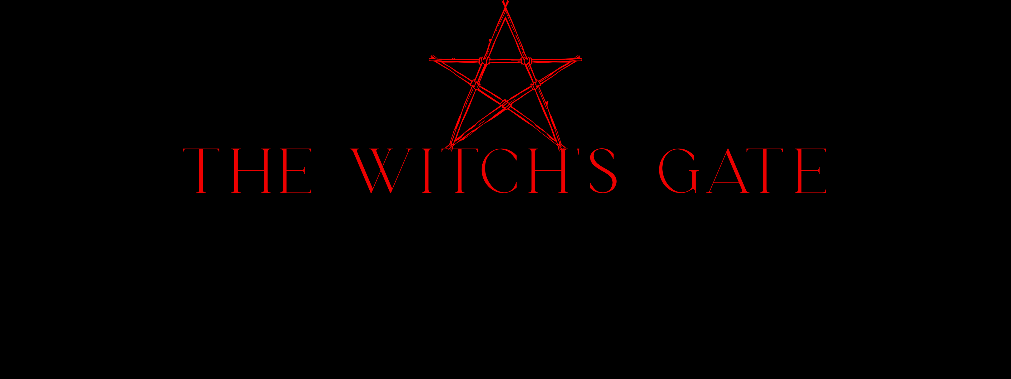 A black square graphic featuring a red pentagram symbol above the words 'THE WITCH'S GATE' in red serif lettering.